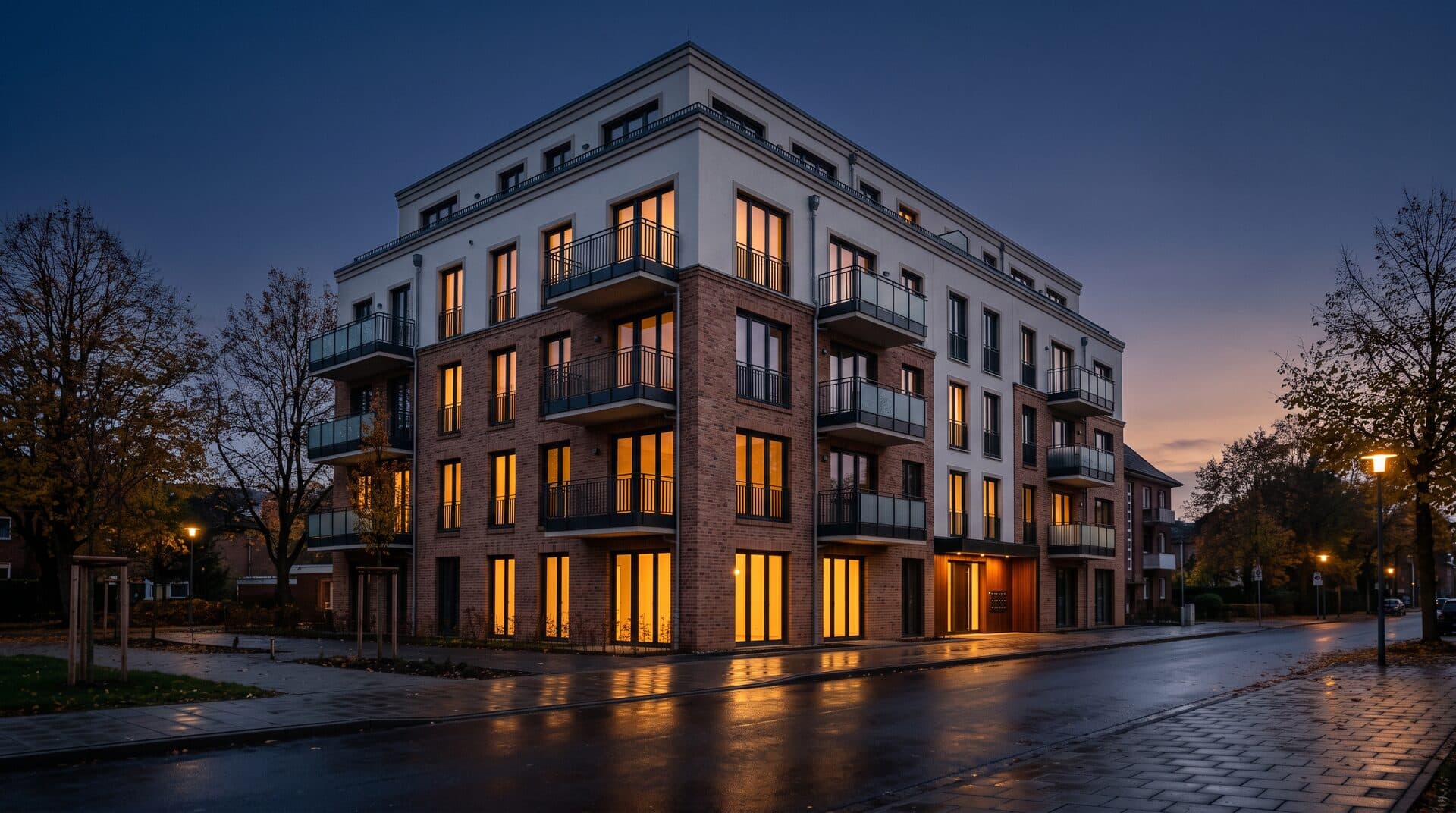 Wohngebäude in Ostwestfalen zur blauen Stunde — Fassade mit warm erleuchteten Fenstern