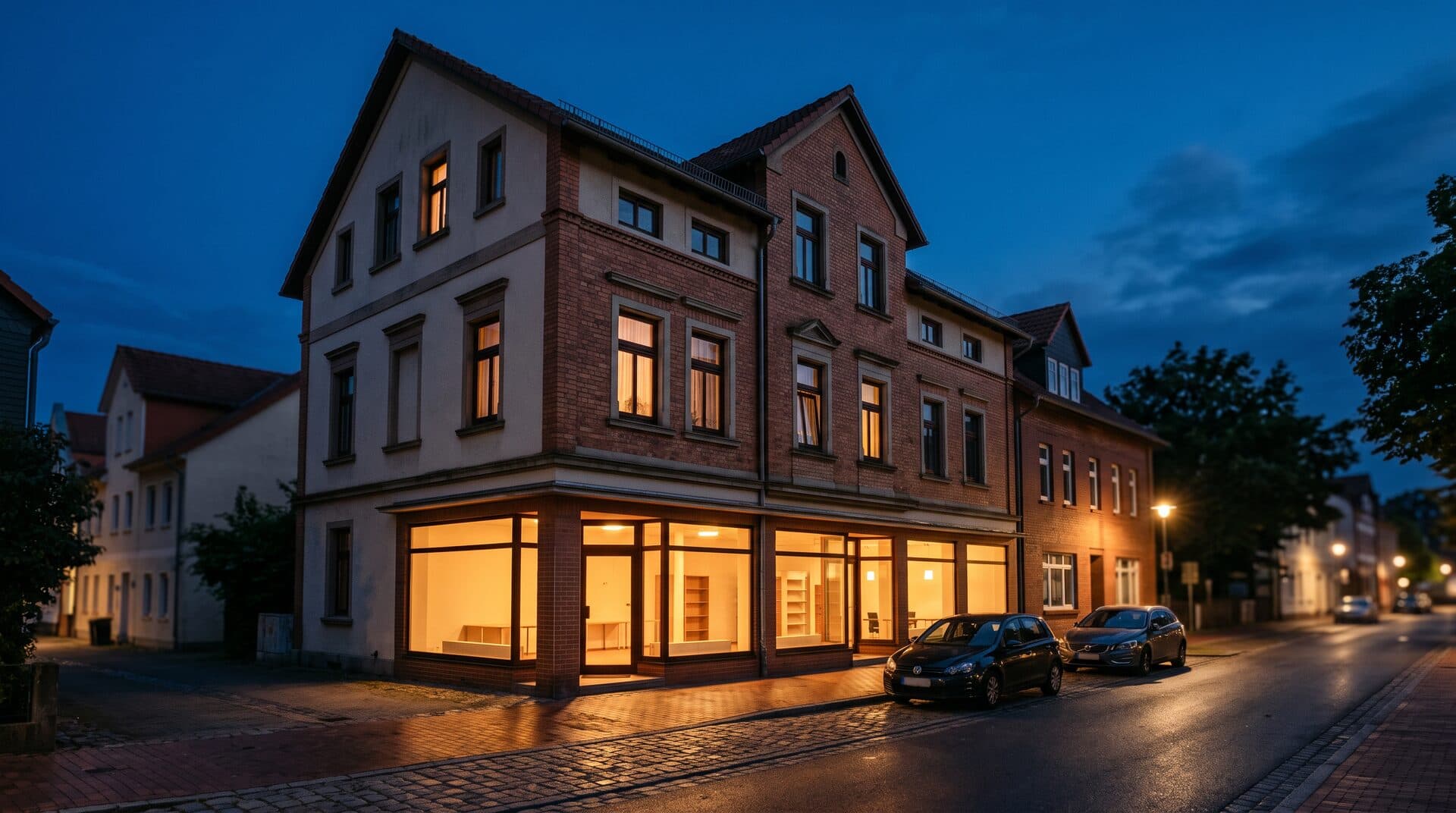 Wohn- und Geschäftshaus in Ostwestfalen zur blauen Stunde