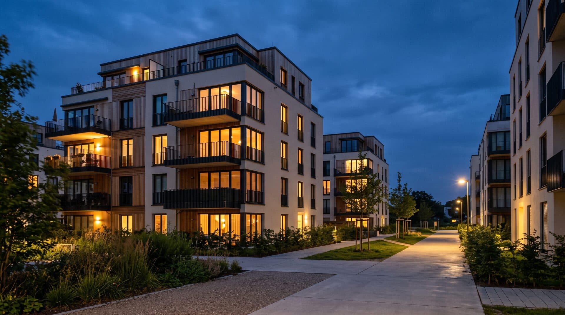 Neubau-Wohnquartier in Ostwestfalen zur blauen Stunde